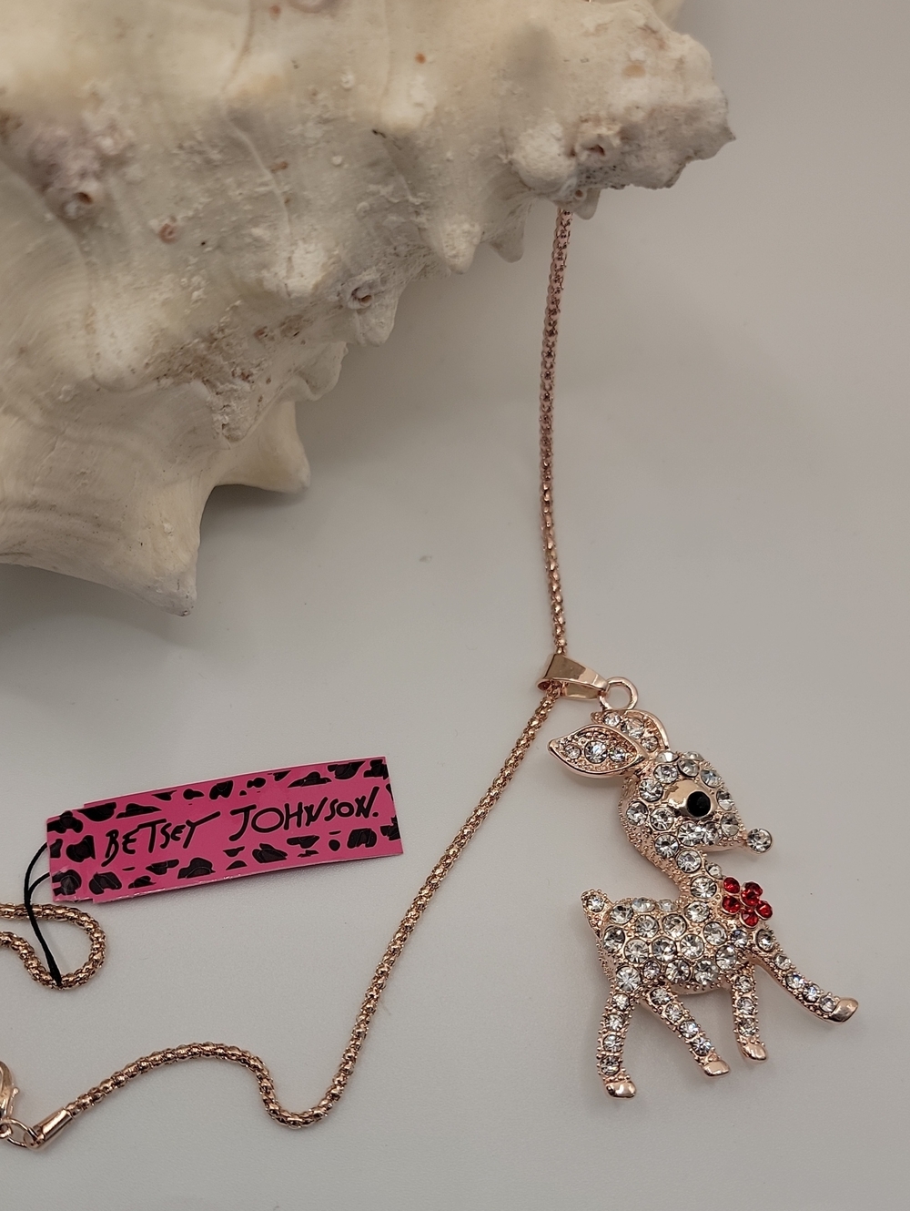 Betsey Johnson Rose Gold Crystal Deer Necklace with Red Bow Accent 28" Chain